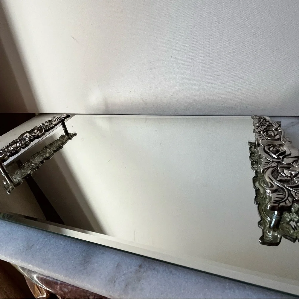 Elegant Silver Floral Mirror vanity tray